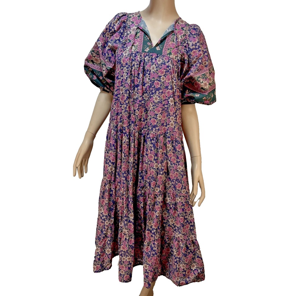 Anthropologie Self Contrast Kyra Peasant Dress Size S Floral Tiered Maxi Puff‎